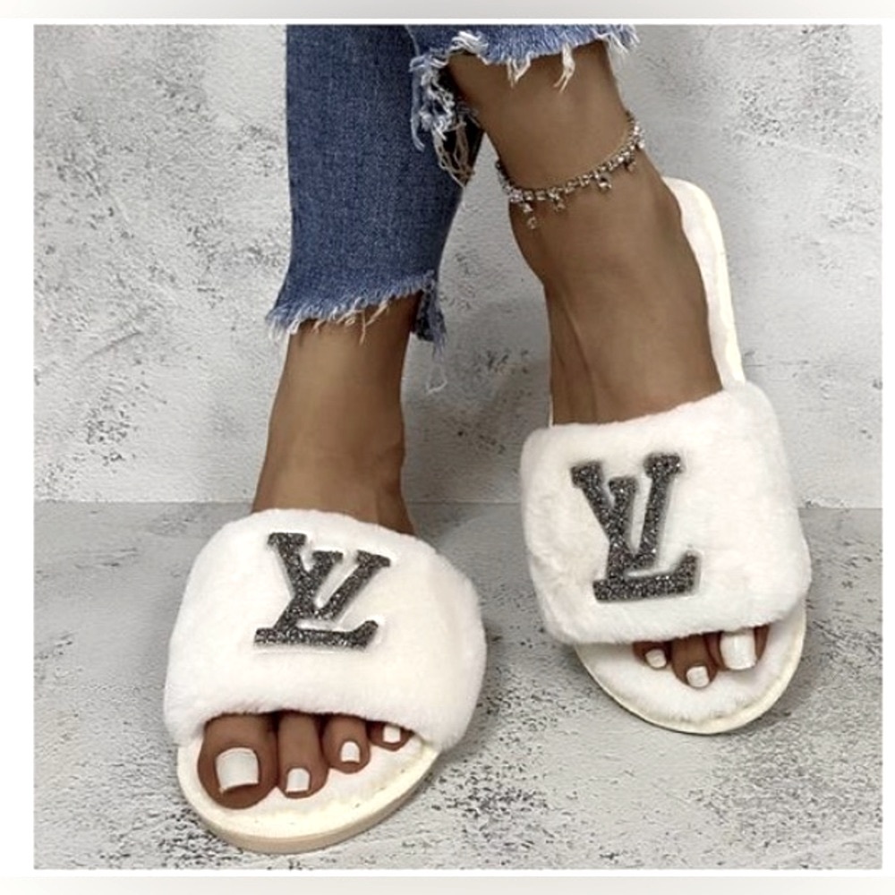 Luxury White Slippers with Silver Accents designer inspired L V